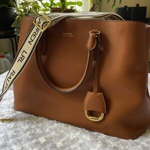 Lauren Ralph Lauren Large Marcy Leather Satchel, Tan with Webbed Logo Strap